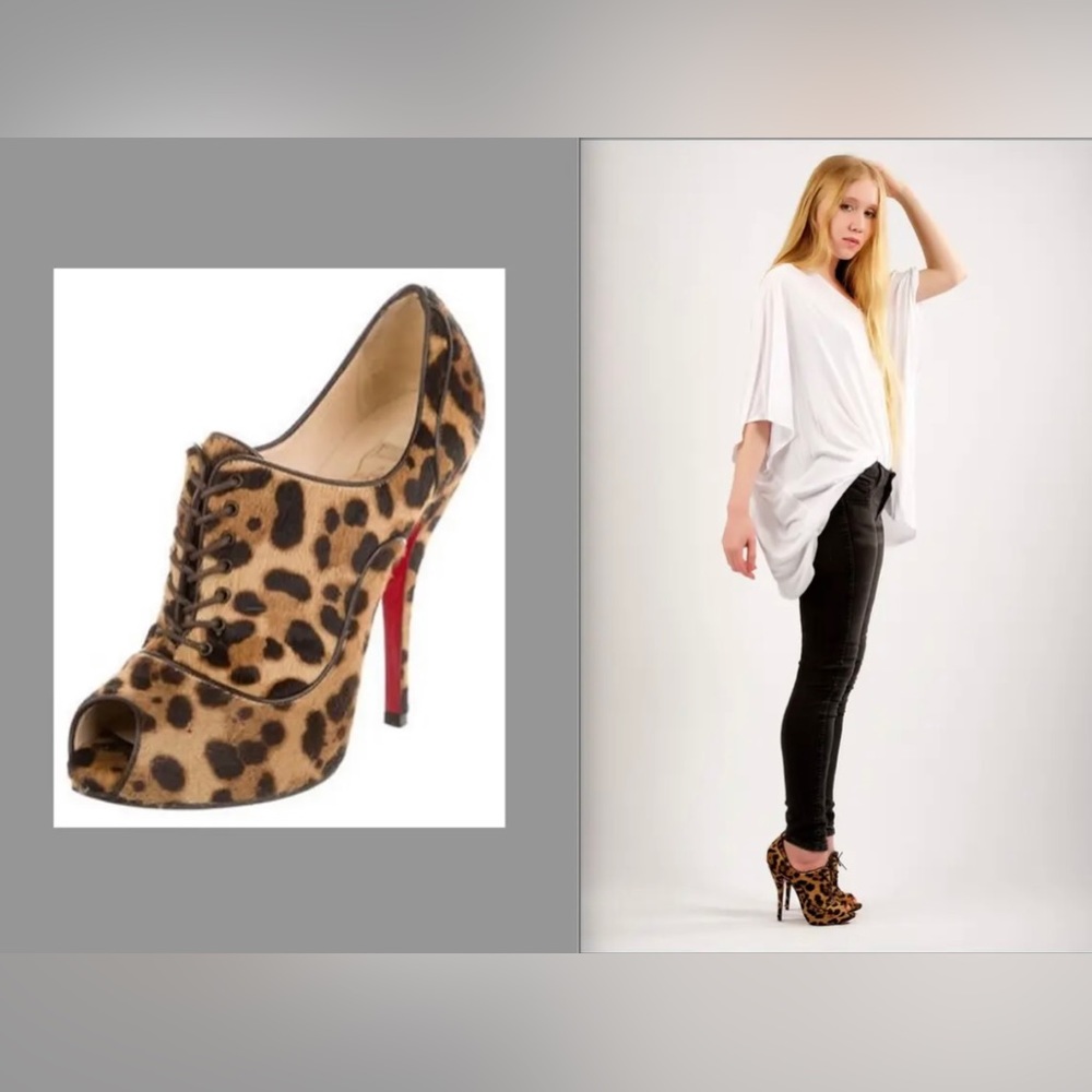 Christian Louboutin Lady Derby 120 Ponyhair Leopard Print Fur Lace Bootie Pumps!